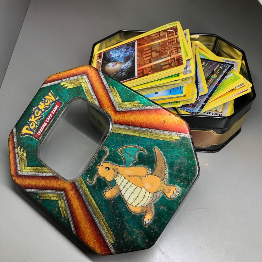 VINTAGE POKEMON CARD LOT WITH TIN - GOOD/FAIR CONDITION